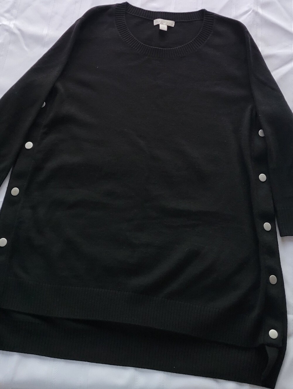 New York & Company Black Crewneck Sweater with Side Buttons